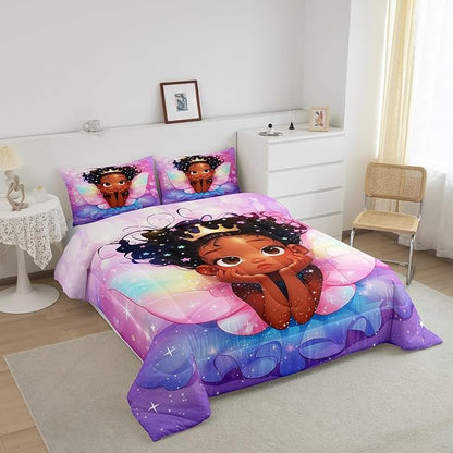 Manfei Cute Girl Comforter Set King Size, Black Princess with Wings Down Comforter, Pink Purple Glitter Galaxy Bedding Set for Kid Women Adult Room Decor, Reversible Duvet Insert,2 Pillowcases