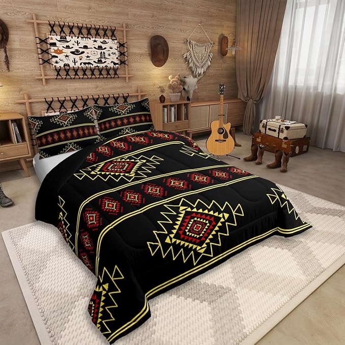 Western Aztec Queen Size Comforter Set, Native American Navajo Bedding Set for Boys Adult Teens, Southwestern Geometric Quilt Ethnic American Native Duvet Insert Rustic Farmhouse Decor,Black Yellow