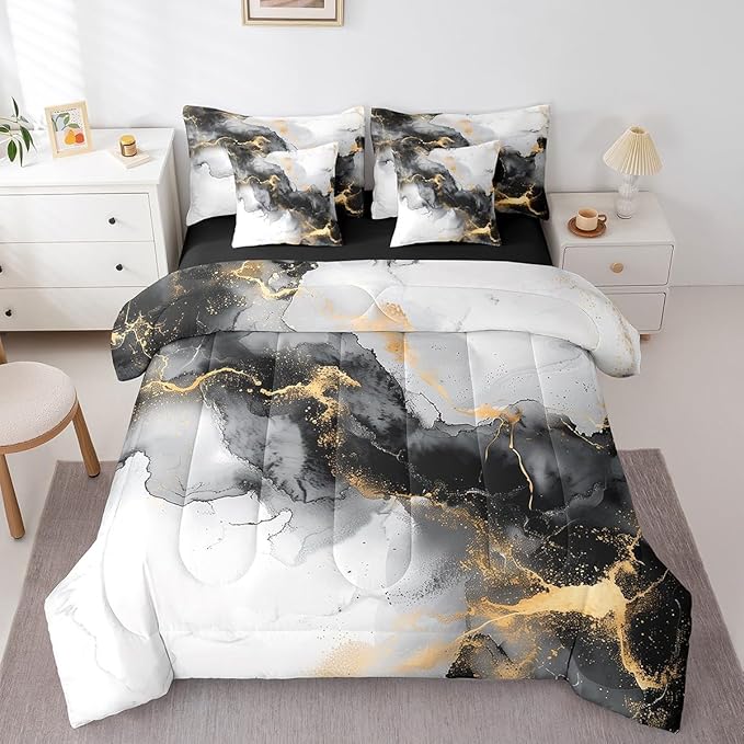 Erosebridal 7pcs Black and Gold Bedding Full Size Watercolor Marble Comforter Set, Abstract Marbling Bedding Comforter Sets Stone Pattern Bed in a Bag, Mountain Fluid Foil Print Bedding Accessories