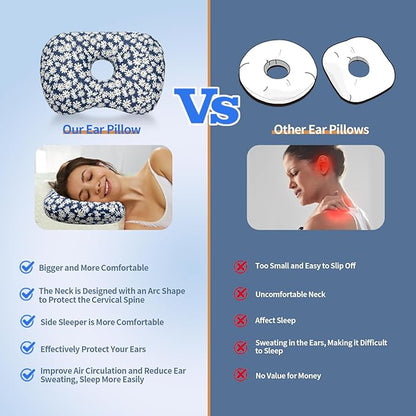 Ear Piercing Pillow for Side Sleepers, Pillow with an Ear Hole for CNH and Ear Pain Ear Inflammation Pressure Sores (Blue Flowers, 17.3"x12.6"x2")