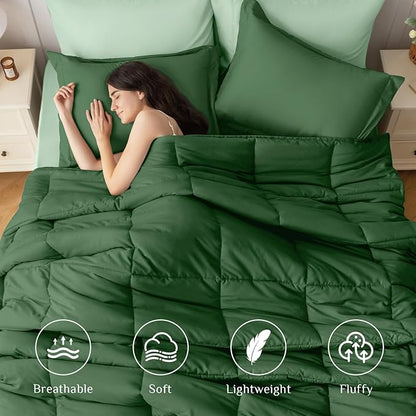 JOLLYVOGUE California King Comforter Set, Ultra-Soft Bed in a Bag 7 Pieces, Oeko-TEX Certified Bedding Set with Down Alternative Comforter, Sheets, Pillowcases & Shams, Dark Green & Light Green