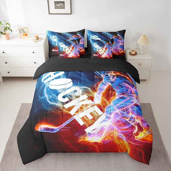 Erosebridal Ice Hockey 7 Piece Comforter Set Full,Puck Hockey Player Bedding Sets for Kids Boys Girls Teens,Red Blue Lightening Fitted Sheet,Winter Sports Game Flat Fitted Sheet Bedroom Decor