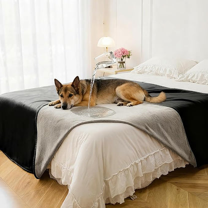 Waterproof Blanket for Bed King Size, Leak Proof Dog Couch Blankets Reversible, Pet Throw Sofa Furniture Protector Machine Washable-82 x108,Black+Lightgrey
