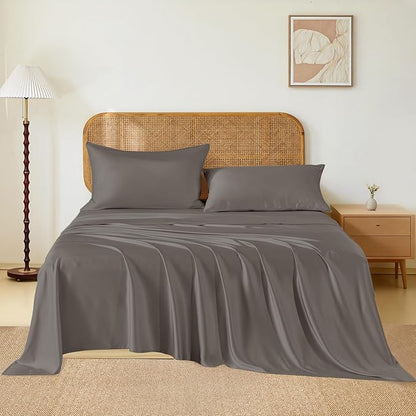 THXSILK Luxury Mulberry Silk Bed Sheets Set - 3pcs Silk Sheets Set 16" Deep Pocket - 1 Fitted Sheet, 1 Flat Sheet, 1 Pillowcase with Zipper Closure - Twin, Charcoal