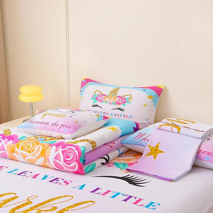 6 Pieces Unicorn Comforter Sets,3D Pink Blue Unicorn Flower Pattern,Decorative 6 Piece Bedding Sets with Comforter,Flat Sheet,Fitted Sheet,Throw Pillow Cover,Pillow Shams,Twin Size
