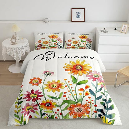 Erosebridal Sunflower Daisy Bedding Set for Kids Rustic Flowers King Comforter Set for Boys Girls,Watercolor Country Farmhouse Floral Bedding Comforter Sets Cute Cartoon Garden Botanical Bed Set