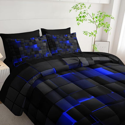 Geometric Blue Black Queen Comforter Set,Light Honeycomb Bedding Set 7 Piece in A Bag,Bed Sheet Set Geometry Decor,Microfiber Lightweight All Season