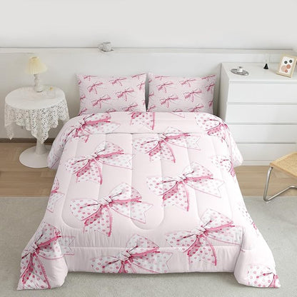 Erosebridal Girls Pink Bow Bedding Set Cute Dot Bowknot Comforter Set King Size for Kids Teen Women,Dreamy Princess Style Bedding Comforter Set Kawaii Cartoon Butterfly Knot Quilt 2 Pillow Cases