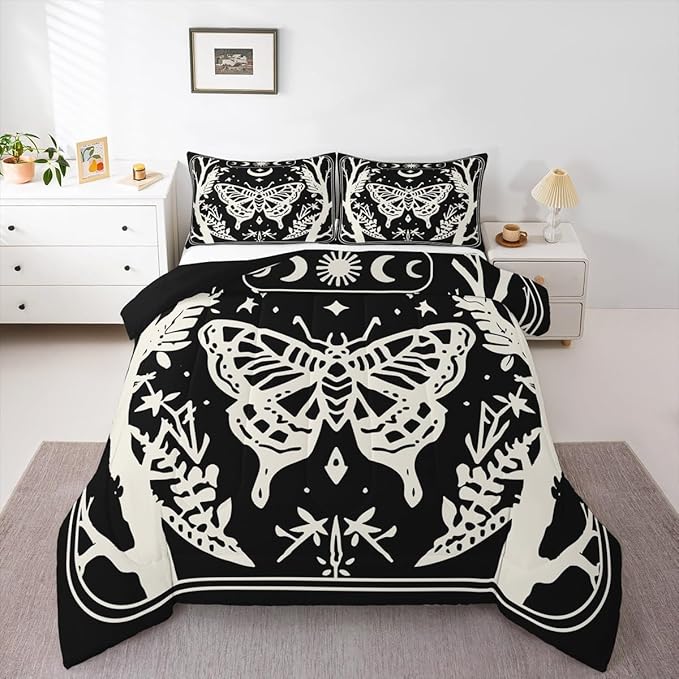 Erosebridal Boys Goth Moth Comforter Set King, Halloween Horror Bedding Set Gothic Butterfly Comforter for Kids Teens Women Men Gothic Home Decor, Sun and Moon Retro Terror Theme Black Quilt