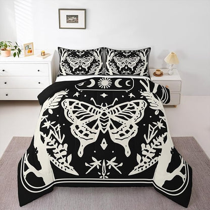 Erosebridal Boys Goth Moth Comforter Set King, Halloween Horror Bedding Set Gothic Butterfly Comforter for Kids Teens Women Men Gothic Home Decor, Sun and Moon Retro Terror Theme Black Quilt