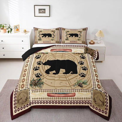 Erosebridal Black Bear Queen Comforter Set - Rustic Cabin Decor Bedding with Tribal Wild Animals, Western Swirls, Paw Print - Quilted Down Comforter for Exotic Nordic Style Bedroom Decor