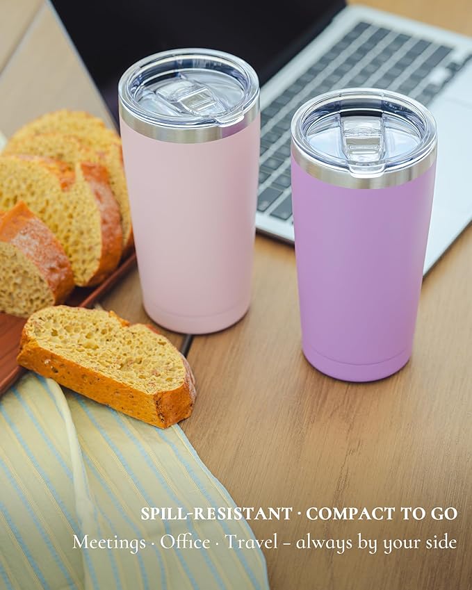 Travel Coffee Tumbler 20oz, Leakproof Travel Coffee Mug with Dual Lids and Straw, Stainless Steel Double Wall Vacuum Insulated Tumbler for Hot/Iced Drinks (Soft Pink, Textured Matte)
