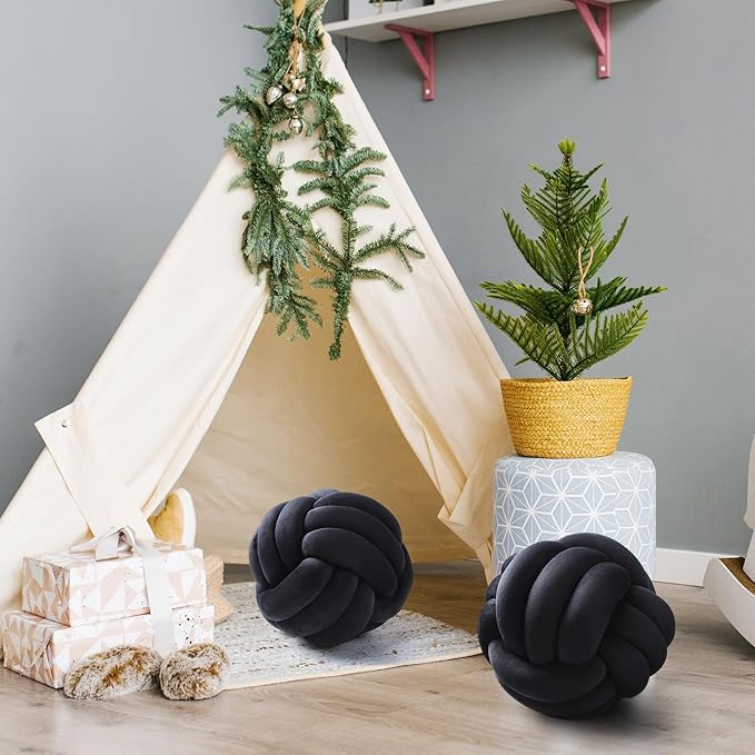 Namalu 2 Pcs Soft Knot Pillow Ball, Decorative Round Throw Knotted Pillows Cushion, Handmade Stuffed Ball Pillows for Winter Bedroom Sofa Couch Home Decor(10.6 Inches,Black)
