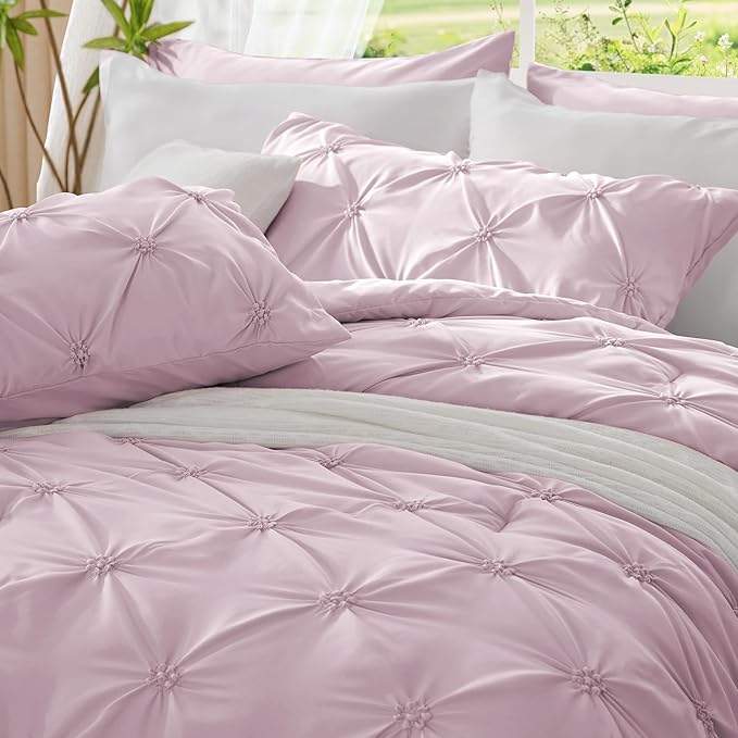 BEDELITE Light Purple Comforter Set Full - 3 Peices Boho Pintuck Bedding Comforter Sets, Lightweight Soft & Warm Twin Bedding Sets with 2 Pillowcase for All Season