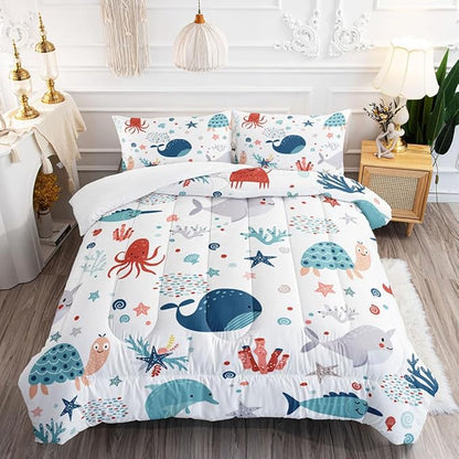 Kids Turtle Comforter Set Full Beach Theme Dolphin Starfish Seaweed Bedding Set Sea Animal Octopus Reptile Bed Set with 2 Pillowcases for Boys Girls Room Decor