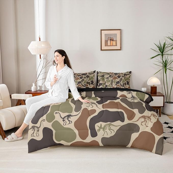 Erosebridal Camo Dino 7 Piece Bedding Set Queen Army Camouflage Comforter Set with Sheets Dinosaur Skeleton Farmhouse Green Bed in a Bag Boys Vintage Hunting Theme Bed Sets Comforter