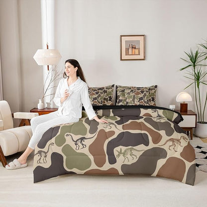 Erosebridal Camo Dino 7 Piece Bedding Set Full Army Camouflage Comforter Set with Sheets Dinosaur Skeleton Farmhouse Green Bed in a Bag Boys Vintage Hunting Theme Bed Sets Comforter