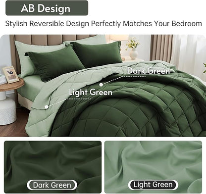 MUXHOMO 5 Pieces Twin XL Comforter Set, Reversible Bed in a Bag Twin XL Size, All Season Bedding Set with Comforter, Flat Sheet, Fitted Sheet, Pillowcases & Shams, Dark Green & Light Green
