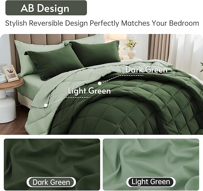 MUXHOMO 7 Pieces Full Comforter Set, Reversible Bed in a Bag Full Size, All Season Bedding Set with Comforter, Flat Sheet, Fitted Sheet, Pillowcases & Shams, Dark Green & Light Green