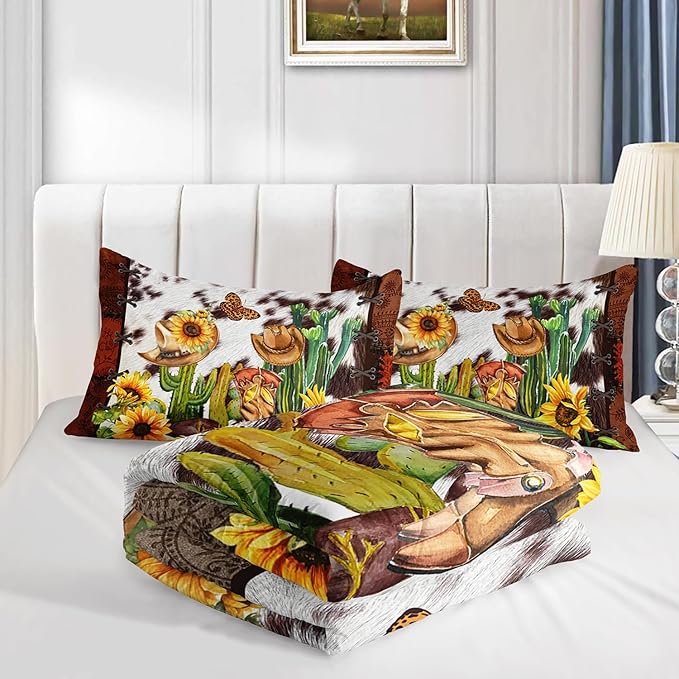 West Comforter Set Queen Size, Brown and White Cow Print 3 Pieces Bedding Set, Western Cowboy Plant Quilts Set Lightweight Soft Microfiber Warm Down Alternative with 2 Pillowcase All Season