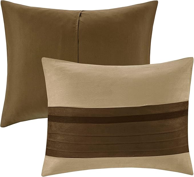 Madison Park Palmer Comforter Set-Luxury Faux Suede Design, Striped Accent, All Season Down Alternative Bedding, Matching Shams, Decorative Pillow, Bed Skirt, Queen (90 in x 90 in), Natural 7 Piece