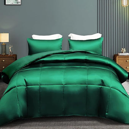 Whale Flotilla 3-Piece Reversible Silky Soft Queen Comforter Bedding Set, Luxurious Satin Comforters Full Size with 2 Satin Pillowcases, Lightweight Duvet for All Seasons, Deep Green