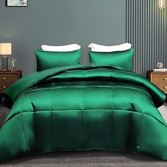 Whale Flotilla 2-Piece Reversible Silky Soft Twin Size Comforter Bedding Set, Luxurious Satin Comforters with Satin Pillowcase, Lightweight Duvet for All Seasons,Deep Green
