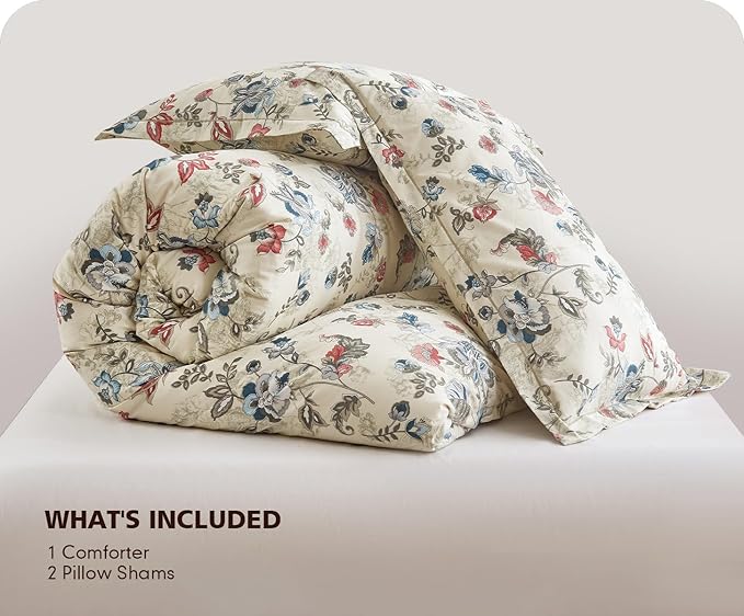 SLEEPBELLA King Size Comforter Set Teal & Red Botanical Pattern Printed on White 100% Cotton Fabric, Ultra Soft Microfiber Inner Fill 3Pcs Bedding Set