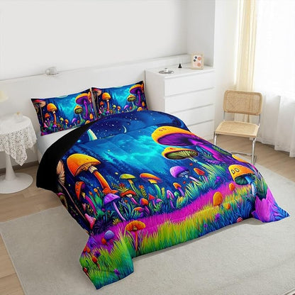 Mushroom Kids Bedding Set Queen Size,Star Moonlight Galaxy Magical Comforter Set，Mysterious Plant Quilt Comforter,Colorful Bedroom Duvet Insert,2 Pillowcases