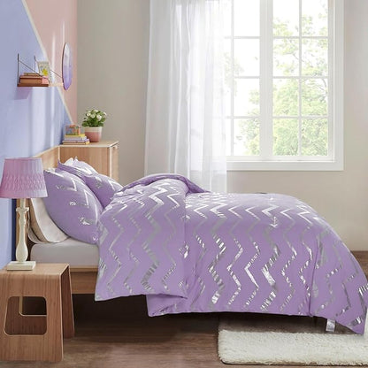 Menghomeus Purple/Silver Comforter Set Twin XL Lavender Metallic Print Glitter Bed Comforter Cute Shinny Bedding for Teen Girls Kids Women