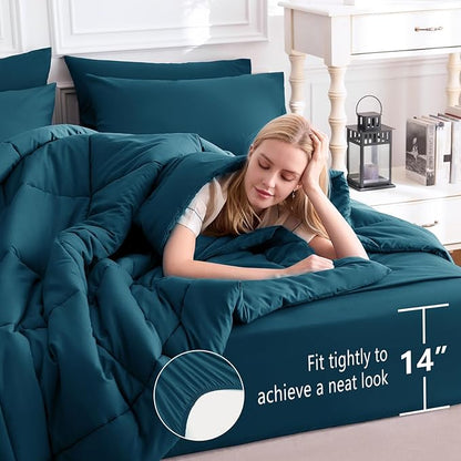 CozyLux Queen Size Comforter Sets Lyons Blue, 7 Pieces Bed in a Bag, Blue Comforter Queen Size, All Season Bedding Sets with Stitch Quilted Comforter, Flat Sheet, Fitted Sheet, Pillowcases