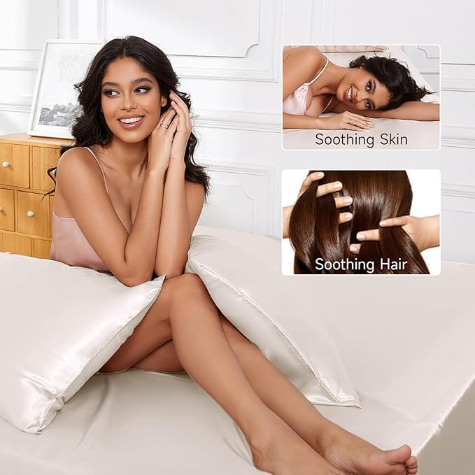 THXSILK Luxury Mulberry Silk Bed Sheets Set - 4pcs Silk Sheets Set 16" Deep Pocket - 1 Fitted Sheet, 1 Flat Sheet, 2 Pillowcases with Zipper Closure - Calfornia King, White