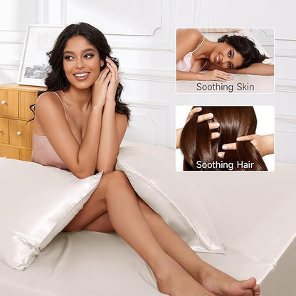 THXSILK Luxury Mulberry Silk Bed Sheets Set - 4pcs Silk Sheets Set 16" Deep Pocket - 1 Fitted Sheet, 1 Flat Sheet, 2 Pillowcases with Zipper Closure - Full, White