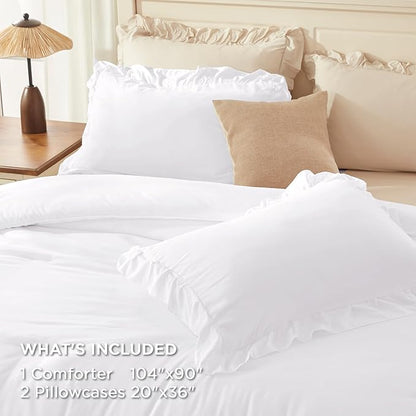 Andency White Ruffle Comforter Set King, Shabby Chic Farmhouse Bedding Comforter, Soft Lightweight Fluffy Microfiber Bet Set All Season 3 Pieces Solid Comforter Set