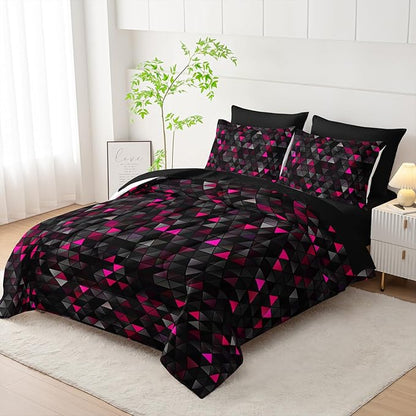 Geometric Pink Black Triangle Full Size Comforter Set,Light Honeycomb Bedding Set 7 Piece in A Bag,Bed Sheet Set Geometry Decor,Microfiber Lightweight All Season