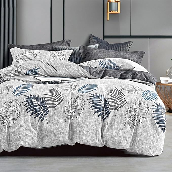 Natural Cotton 3pcs Botanical Comforter Sets King Size-Dark Gray Comforter with Luxurious Blue & Gray Leaves on White, Reversible Lightweight Floral Bedding Sets(King 104"×90")