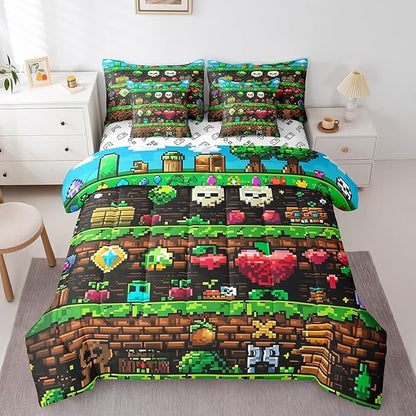 Video Games 7Pcs Comforter Set King Size,Colorful Pixelated Themed Bedding Set for Kids Boys Teens Men Room Decor,Sandbox Block Fitted Flat Sheet Funny Gamer Reversible 2 Throw Pillow,2 Pillowcases