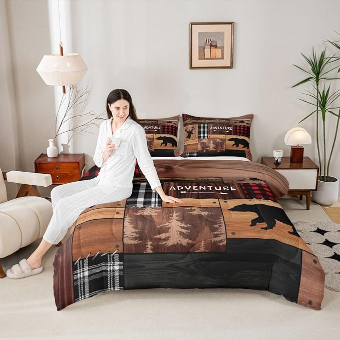 Feelyou Bear Deer Bedding Set Soft for Boys Girls, Wildlife Hunting Comforter Set Toddler Size Rustic Cabin Duvet Quilt Microfiber Farmhouse Bedroom Decor 2 Pcs with 1 Pillow Cases