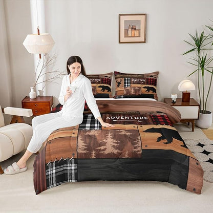 Feelyou Bear Deer Bedding Set Soft for Boys Girls, Wildlife Hunting Comforter Set Toddler Size Rustic Cabin Duvet Quilt Microfiber Farmhouse Bedroom Decor 2 Pcs with 1 Pillow Cases