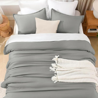 Litanika Comforters Medium Gray Queen Size, 3 Pieces Lightweight Solid Bedding Set & Collections, All Season Fluffy Bed Set (90x90In Comforter & 2 Pillowcases)