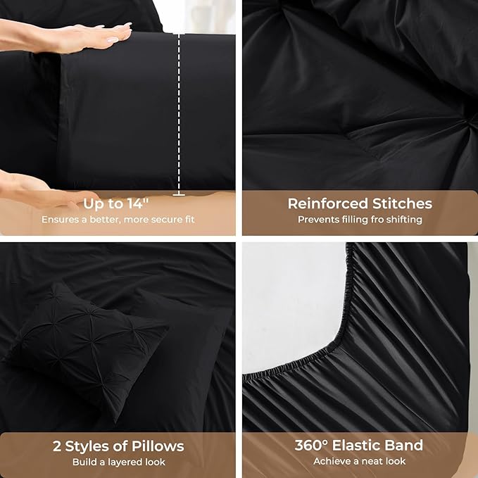 Sasttie California King Comforter Set, 7-Piece Bed in a Bag, Pintuck Bedding Sets for All Season, Includes Comforter, Flat Sheet, Fitted Sheet, Pillowcases and Pillowshams, Black