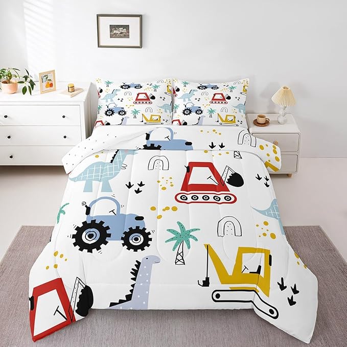 jejeloiu Kids Cartoon Dinosaur Bedding Set King Size Cartoon Car Comforter Set for Boys Girls Construction Excavator Duvet Set Jungle Dino Quilt Set 3Pcs