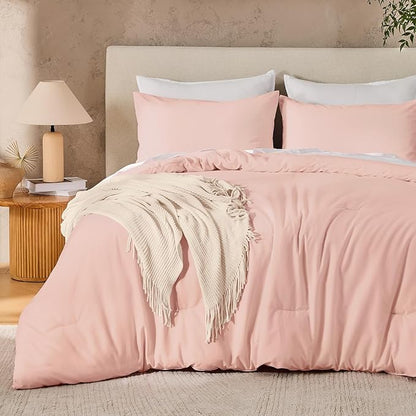 Andency California King Size Comforter Set, 3 Pieces Blush Pink Boho Solid Bedding Comforter Set, Modern Reversible Soft Fluffy Cal King Bed Set for All Season