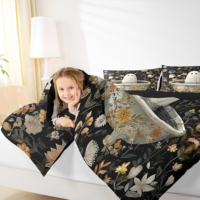Erosebridal Halloween Ghost Queen Comforter Set, Halloween Decorations Black Bedding Set Funny Gothic Decor Comforter for Kids Boys Girls Teens Women Men, Retro Horror Terror Theme Quilt
