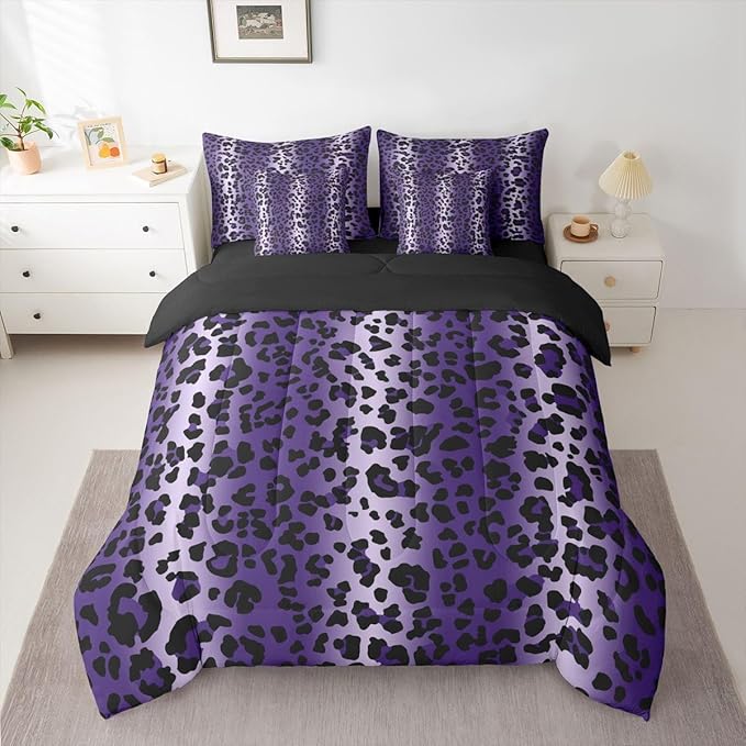 Erosebridal Purple Ombre Leopard Print Women Comforter Set Queen Size 7 Pieces | Animal Skin Pattern Bed in A Bag Cheetah Gradient Fur Bed Set Men Adults Bedding