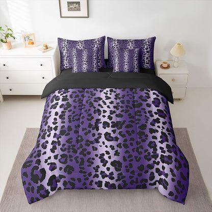 Erosebridal Purple Ombre Leopard Print Women King 7-Piece Comforter Set | Animal Skin Pattern Sheets and Pillowcases Cheetah Gradient Fur Bed in A Bag Men Adults Bed Sets