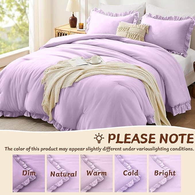 FUANNA Queen Comforter Set Lavender, 3 Pieces Ruffle Queen Bed Set, Fluffy Bed in a Bag Queen for All Seasons, Shabby Chic Bedding Comforter Sets with 1 Lightweight Comforter & 2 Pillowshams