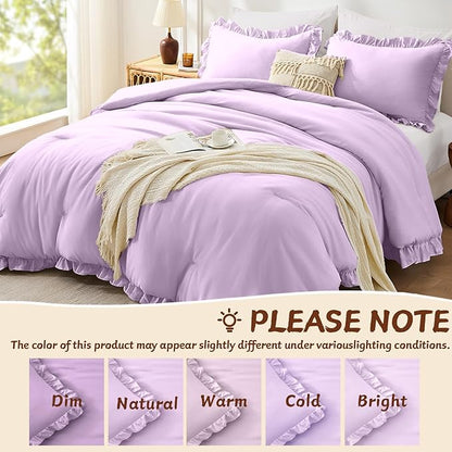 FUANNA Queen Comforter Set Lavender, 3 Pieces Ruffle Queen Bed Set, Fluffy Bed in a Bag Queen for All Seasons, Shabby Chic Bedding Comforter Sets with 1 Lightweight Comforter & 2 Pillowshams