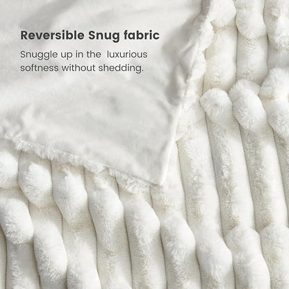 Cozy Bliss Faux Fur Throw Blanket for Couch, Cozy Warm Plush Striped Blanket for Sofa Bedroom Living Room, 60 * 80 Inches Cream White