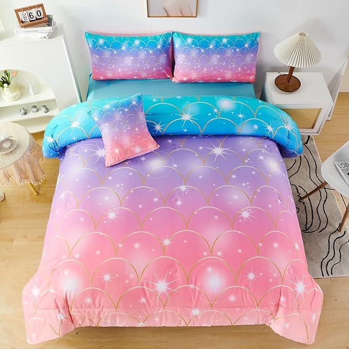 PERFEMET Queen Size Girls Comforter Set with Sheets 6 Pieces Mermaid Tail Print Kids Bedding Set Colorful Rainbow Teen Girl Bed in A Bag Pink Purple Ombre Bed Set for Girls Women